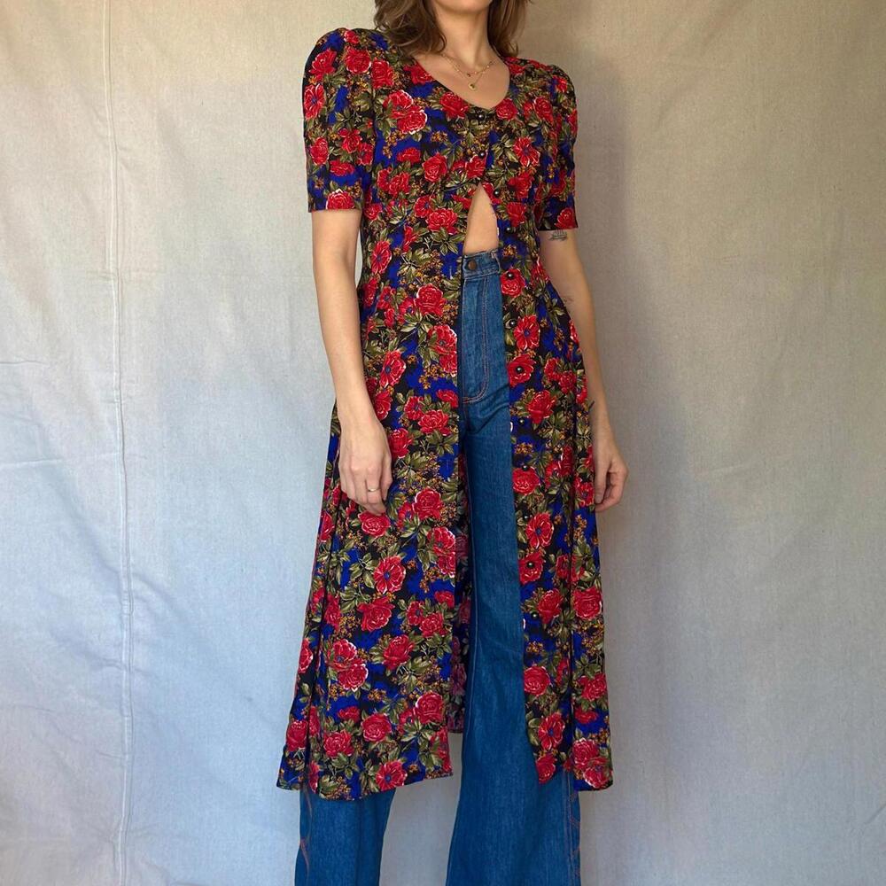 80s Black Floral Button Front Dress